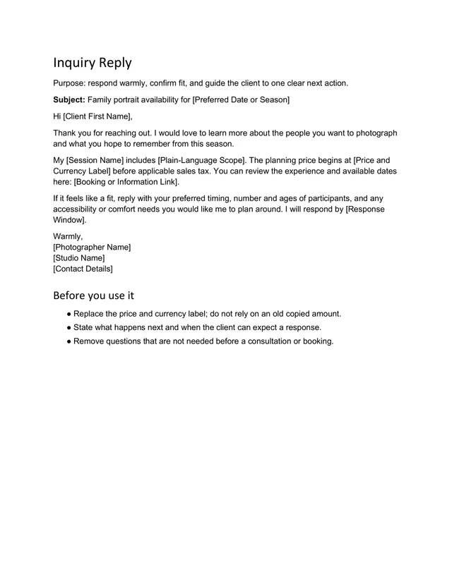 Client-message template page showing bracketed placeholders and instructions to edit policies, dates, links, and brand voice before use.