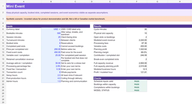 Mini Event worksheet with editable event inputs, capacity outputs, and visible model checks.