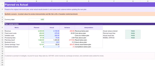 Planned vs Actual worksheet comparing plan and actual columns with variances but without assigning a cause.