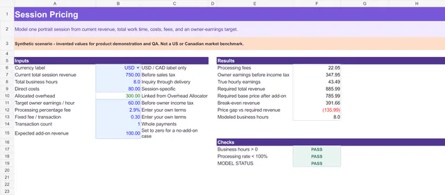 Session Pricing worksheet carrying an overhead allocation into formula-driven revenue and earnings outputs.